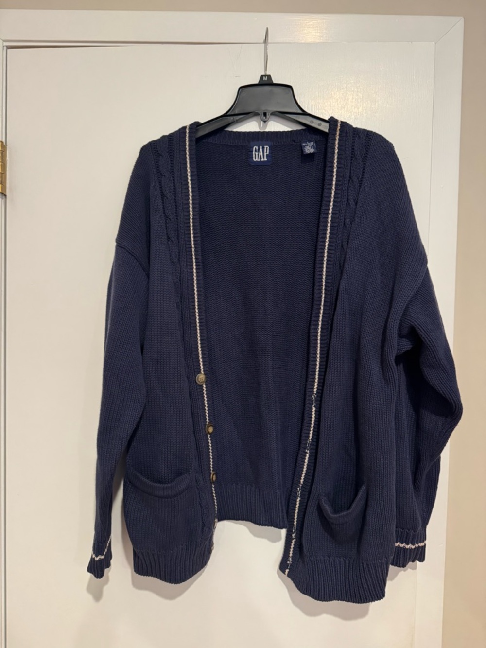 GAP Navy Cotton Knit Cardigan with Cream Trim